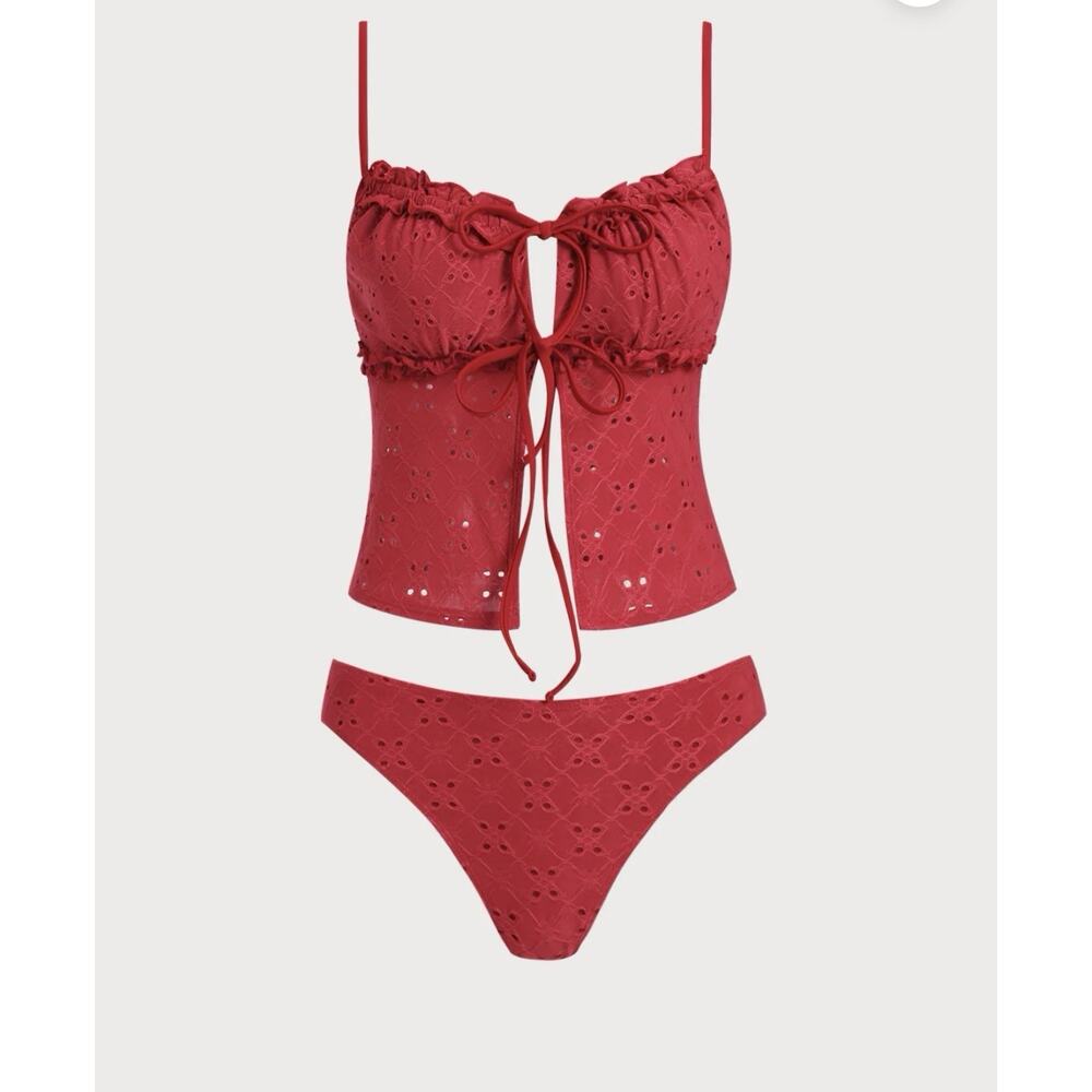Red Eyelet Tie-Front Tankini Bikini Set - Women Swim Bikinis